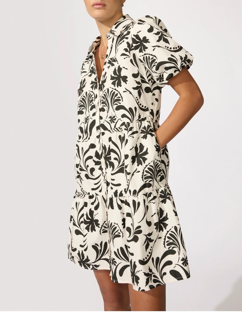 Brochu Walker Black and White Floral Tiered Mini Dress